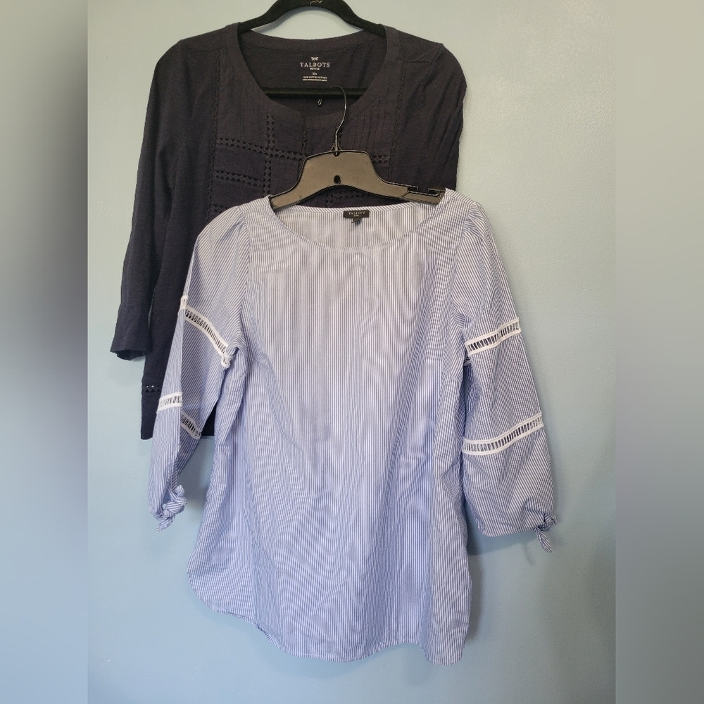 Talbots Light Blue Pinstripe Lace-Inset Tunic